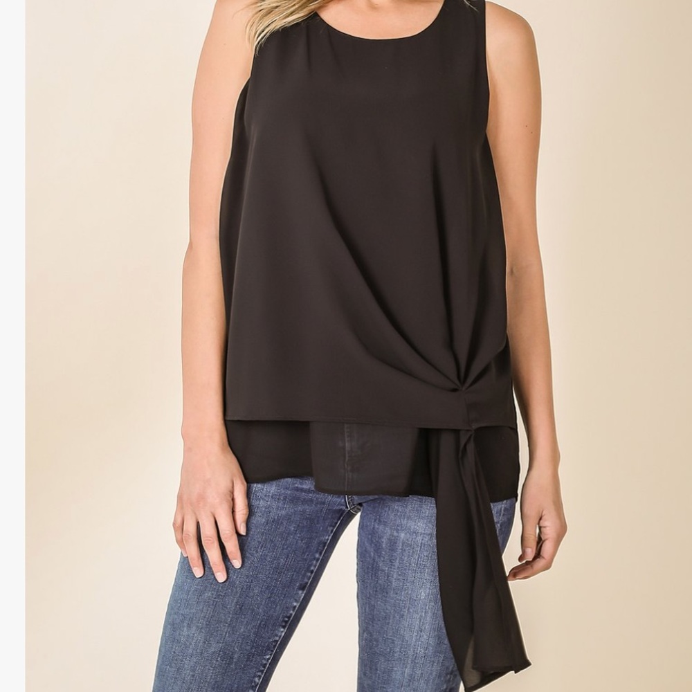 Black Side Tie Layered Chiffon Tank NEW